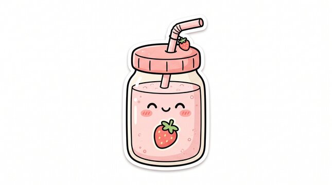 Cute strawberry milk mason jar sticker with straw illustration