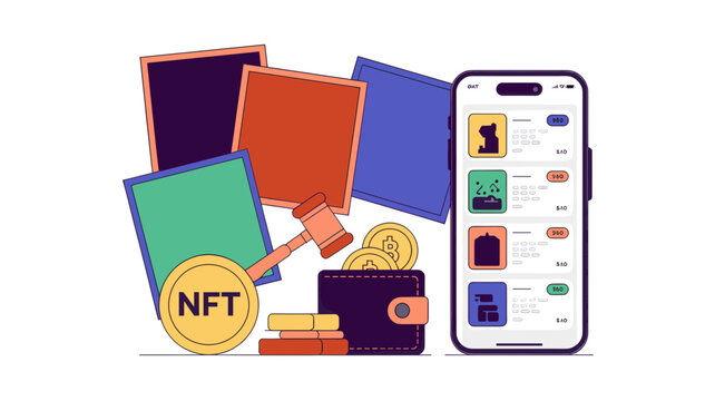 NFT marketplace vector illustration, digital art auction on smartphone app, crypto wallet and non-fungible token concept