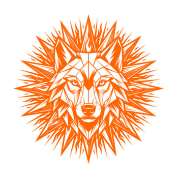 Geometric Low Poly Wolf Head with Starburst Angular Lines Halftone Art on White Background with Orange Accent. Retro Pop Art Low Poly Wolf Starburst Illustration on White Background.