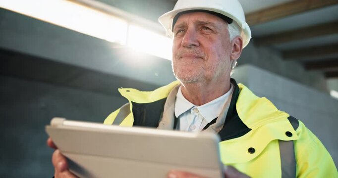 Tablet, thinking and man at construction site, inspection development or quality control with flare. Tech, mature person or happy engineer with building information, safety evaluation or solution