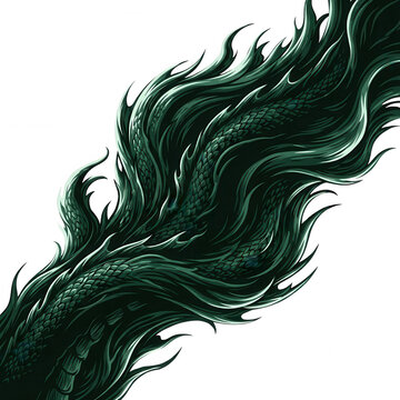 Ilustra&ccedil;&atilde;o detalhada de uma cauda de drag&atilde;o verde com escamas texturizadas e pontas fluidas em estilo art&iacute;stico, isolada sobre um fundo branco puro para design criativo.