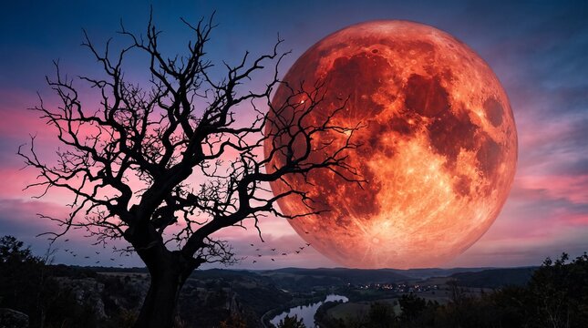 Blood Moon Ominous Omen: A colossal blood moon casts an eerie red glow over a dramatic landscape, silhouetting a gnarled, ancient tree against a twilight sky painted with hues of pink and purple.