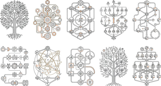 Collection of intricate geometric tree and abstract symbolic diagrams detailed vector illustrations for mystical or scientific concepts isolated on white