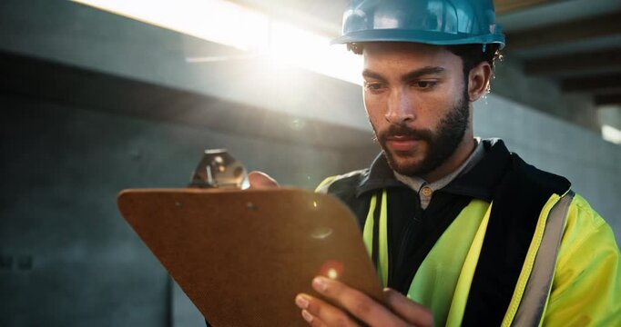 Thinking, electrician and writing at site with clipboard, inspection and compliance for construction. Lens flare, man and checklist at worksite for information, electrical report and building safety