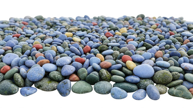 Uma cole&ccedil;&atilde;o vibrante de pedras e seixos coloridos em tons de azul, verde e vermelho, dispostos sobre um fundo branco isolado, perfeitos para design decorativo e texturas naturais.