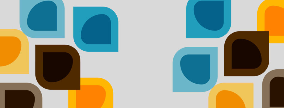 Abstract pattern features rounded squares, rectangles. Colors include blue, orange, brown, gray. Simple geometric design repeats across surface.