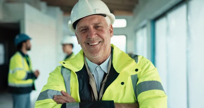 PPE, face or man on construction site with arms crossed, contractor or safety gear in building industry. Happy, portrait or mature engineer with helmet, handyman or compliance in industrial operation