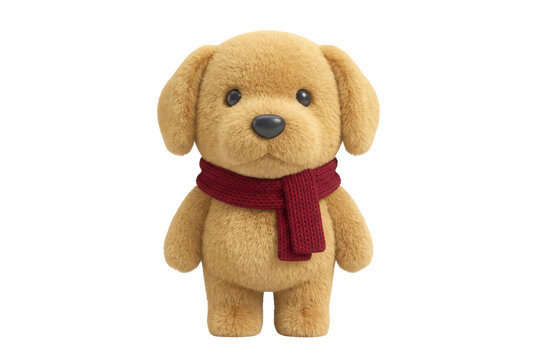 Um ador&aacute;vel boneco de pel&uacute;cia em formato de filhote de cachorro marrom usando um cachecol vermelho, isolado em um fundo branco, ideal para design infantil e decora&ccedil;&atilde;o.
