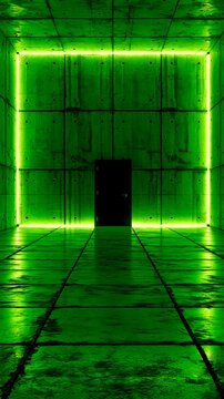 Empty Neon Green Concrete Room with Glowing Lights and Black Door