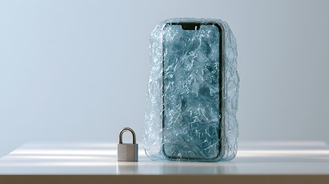 Eingefrorenes Smartphone mit Vorh&auml;ngeschloss als Symbol f&uuml;r Datenschutz und digitale Sicherheit