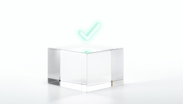 透明なデータキューブとチェックマーク、データ検証と整合性確認を表す3Dコンセプト
