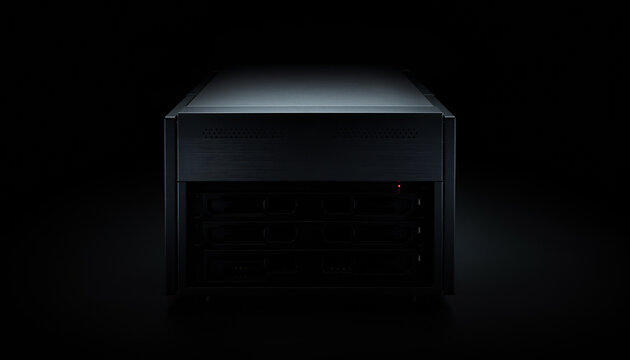 暗い背景に置かれたNASストレージ、企業データ保存とバックアップを表すサーバー機器