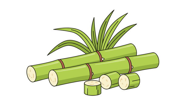 Freshly harvested green sugarcane stalks and slender leaves presented in a simple illustration on a white background.