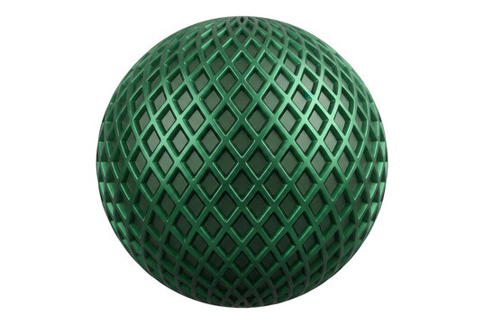 Uma esfera tridimensional verde com um padr&atilde;o geom&eacute;trico intrincado de losangos sobre um fundo branco isolado, ideal para design gr&aacute;fico e apresenta&ccedil;&otilde;es tecnol&oacute;gicas modernas.