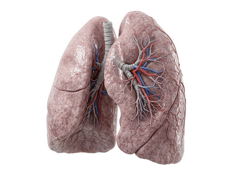 Representa&ccedil;&atilde;o anat&ocirc;mica detalhada dos pulm&otilde;es humanos com traqueia e sistema vascular em fundo branco, ideal para educa&ccedil;&atilde;o m&eacute;dica e ilustra&ccedil;&otilde;es cient&iacute;ficas de sa&uacute;de respirat&oacute;ria.