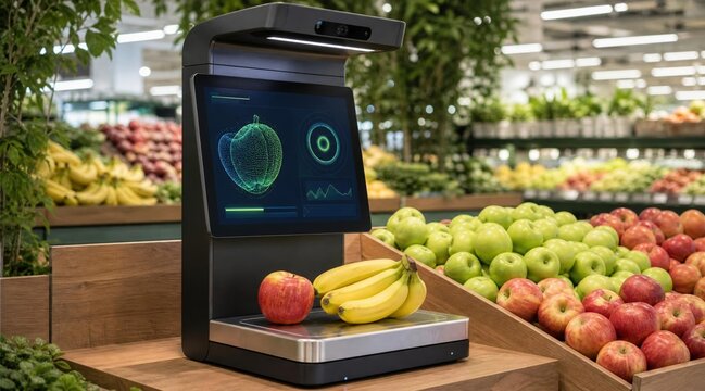 Modern smart scale scanning fruit in grocery store produce section.