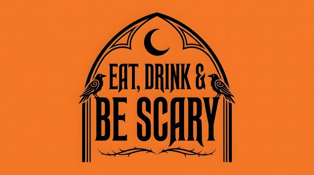 Eat drink and be scary halloween quote with gothic arch frame, black crows, and crescent moon on a solid orange background