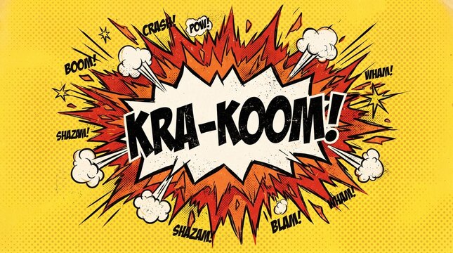Comic book style explosion graphic with the word krakoom written in a bold black font on yellow background
