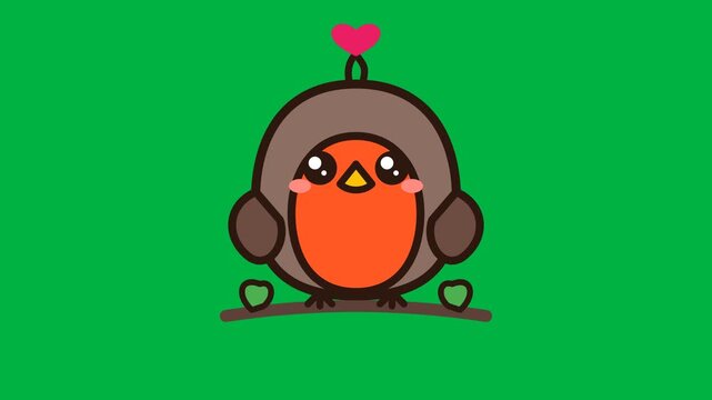 Cute cartoon robin bird illustration vector animation on green background
