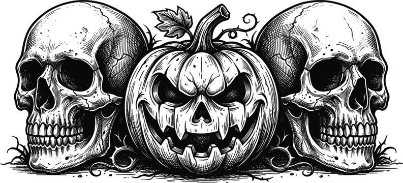 Halloween vintage engraving illustration featuring scary human skulls flanking an evil carved pumpkin head