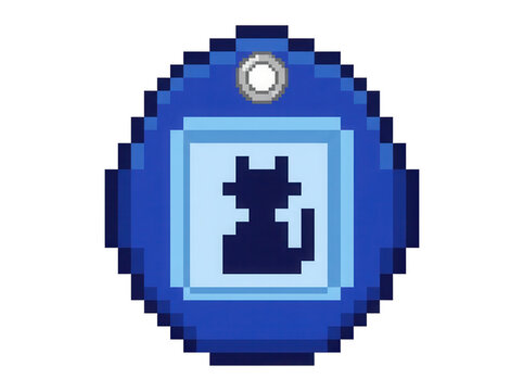 Etiqueta redonda azul com &iacute;cone de gato em estilo pixel art, ideal para design de jogos, interfaces digitais ou elementos decorativos retr&ocirc; com fundo branco isolado.