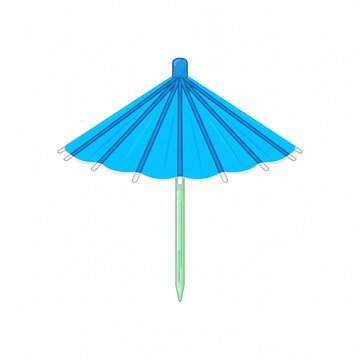 A single bright blue paper cocktail umbrella isolated on a clean white background for summer party drinks