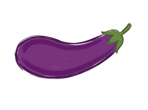 Ilustra&ccedil;&atilde;o vetorial de uma berinjela roxa fresca com talo verde, desenhada em estilo art&iacute;stico simples e isolada em um fundo branco para design culin&aacute;rio.