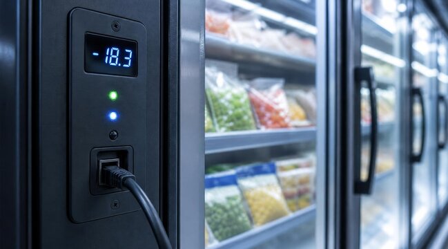 Commercial freezer with digital temperature sensor display.