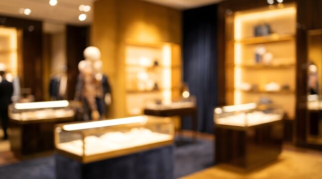 Luxury boutique interior with blurred jewelry displays, elegant retail store background, high-end fashion shop with warm lighting