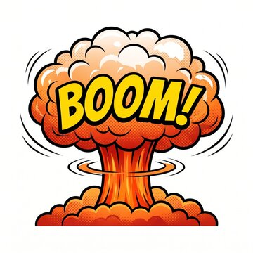 Comic book style explosion illustration with the word boom written in bold yellow letters on white background