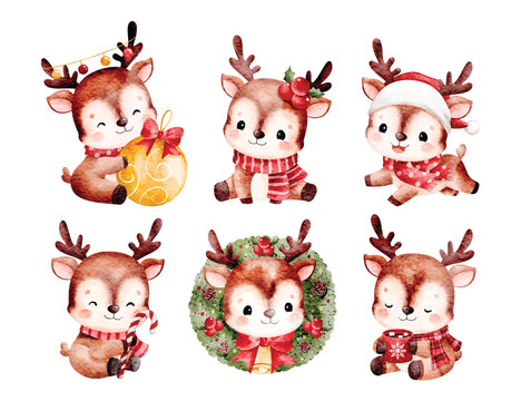 Watercolor Illustration Set of Christmas Reindeers