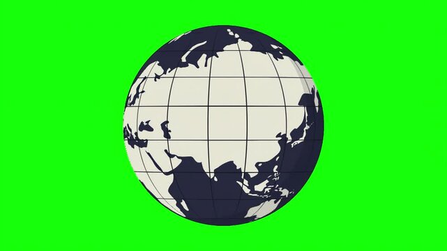 Stylized rotating globe animation on green screen, flat design earth map with longitude lines, global business and news broadcast background