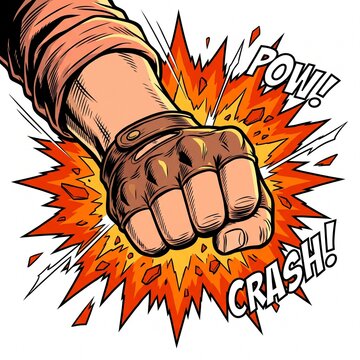 Comic book style illustration of a powerful fist punch with sound effect explosion and dynamic action lines