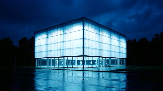 Modern glass building with glowing blue facade at night, contemporary architecture with illuminated translucent walls, minimalist office structure