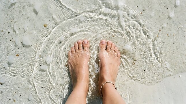 Bare Feet Standing in Clear Shallow Seawater at Beach