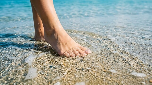 Bare Feet Walking Along Tropical Beach in Shallow Seawater