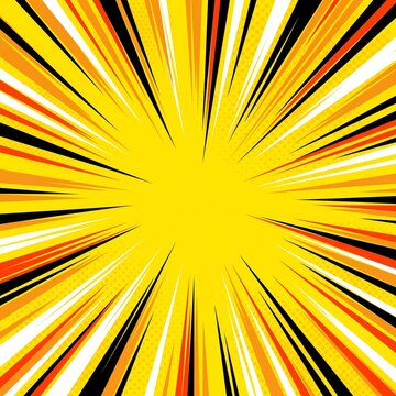 Abstract yellow and orange radial sunburst background with dynamic comic book style speed lines for graphic design