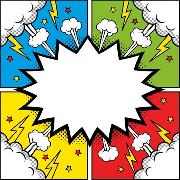 Colorful comic book background with a blank speech bubble and lightning bolts in a pop art style