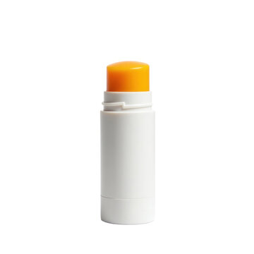 Lip balm stick with white container and yellow Taf lip balm on a plain background