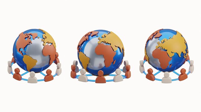 Global community connecting around interconnected Earth spheres during bright studio lighting representing worldwide unity