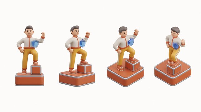 Man on podium celebrating success with trophy during achievement on white background