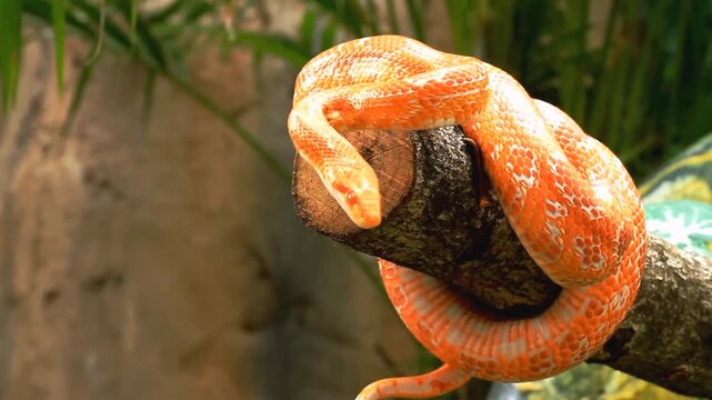 Orange corn snake coils and uncoils around a weathered tree branch
