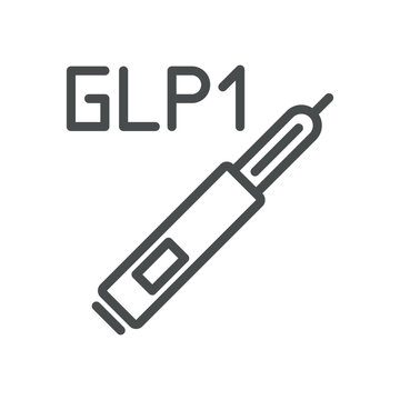 GLP-1 Injection icon. Injection pen marked GLP1 for diabetes and weight loss medicine. Simple thin line outline vector illustration. Editable stroke. Pixel Perfect. 