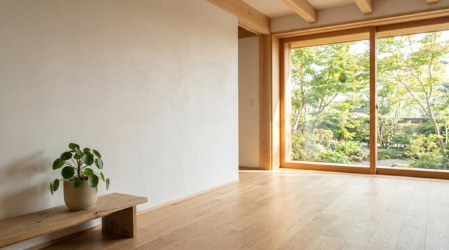 Minimalist empty room featuring smooth white walls wooden flooring and a small potted green plant resting on a rustic wooden bench near the bright window