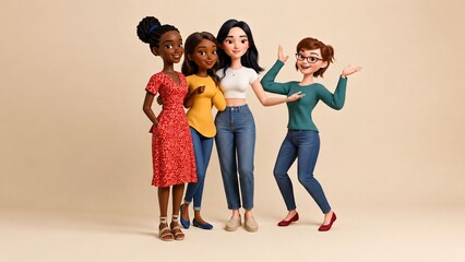 Naklejka premium Cute 3D animated character design of multiracial female friends smiling on a neutral background celebrating friendship and diversity