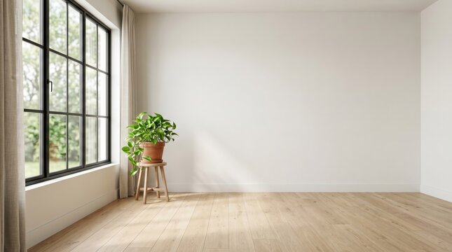 Minimalist empty room interior featuring white walls and wooden floors with a single green potted plant placed on a small stool near large industrial windows