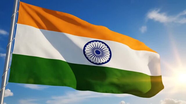 Indian national flag waving gently in the wind against blue sky