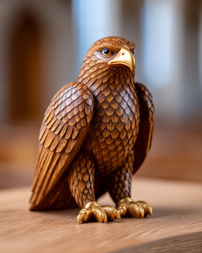 Hand-carved wooden eagle figurine with detailed feathers, golden beak and talons, displayed on a tabletop as a decorative sculpture.