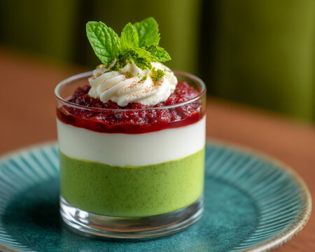 Layered matcha mousse dessert in a glass topped with whipped cream, raspberry compote and mint on a teal plate.