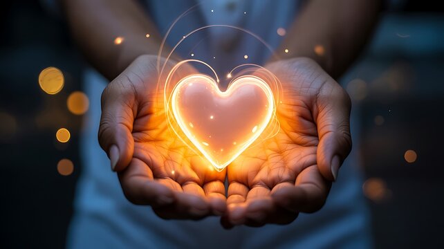 Glowing heart held gently in human hands symbolizing love, compassion, care, kindness, and emotional support